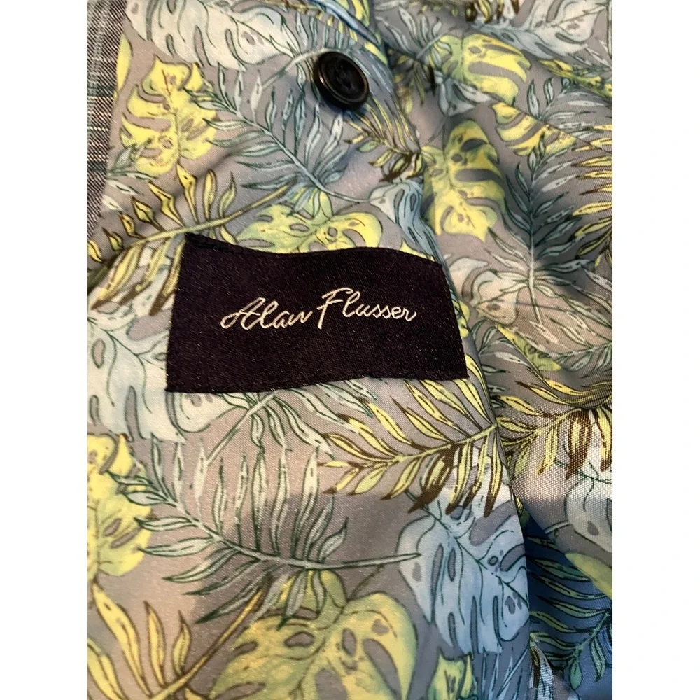 Alan Flusser Mens 44R Blue Plaid Linen Blend Sport Coat Blazer Tropical Preppy